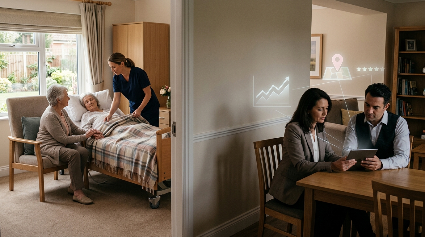 Hospice provider owner and a marketing consultant reviewing results on a tablet