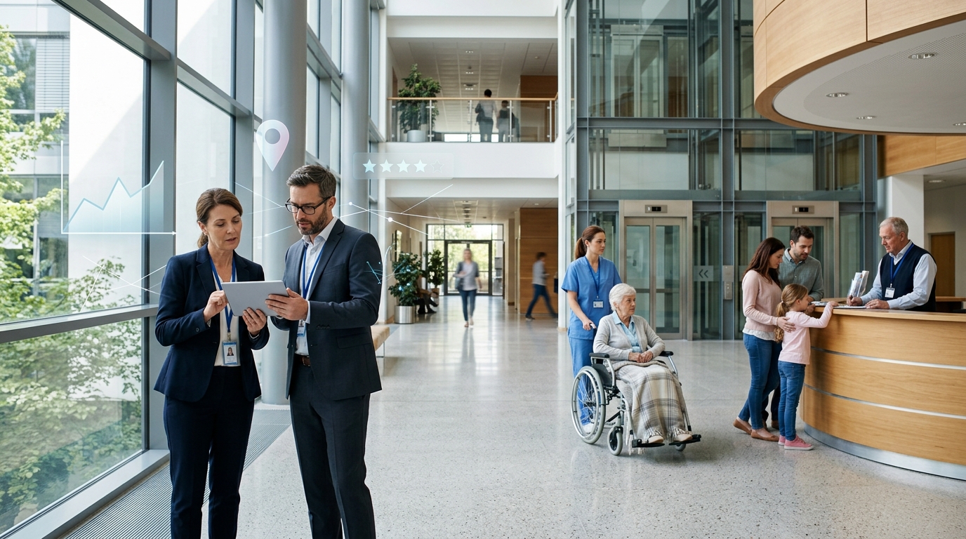 Hospital owner and a marketing consultant reviewing results on a tablet
