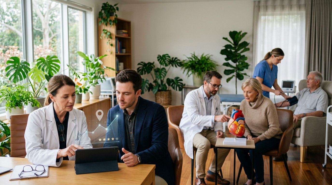 Practice owner and marketing consultant review a tablet as a doctor consults a patient