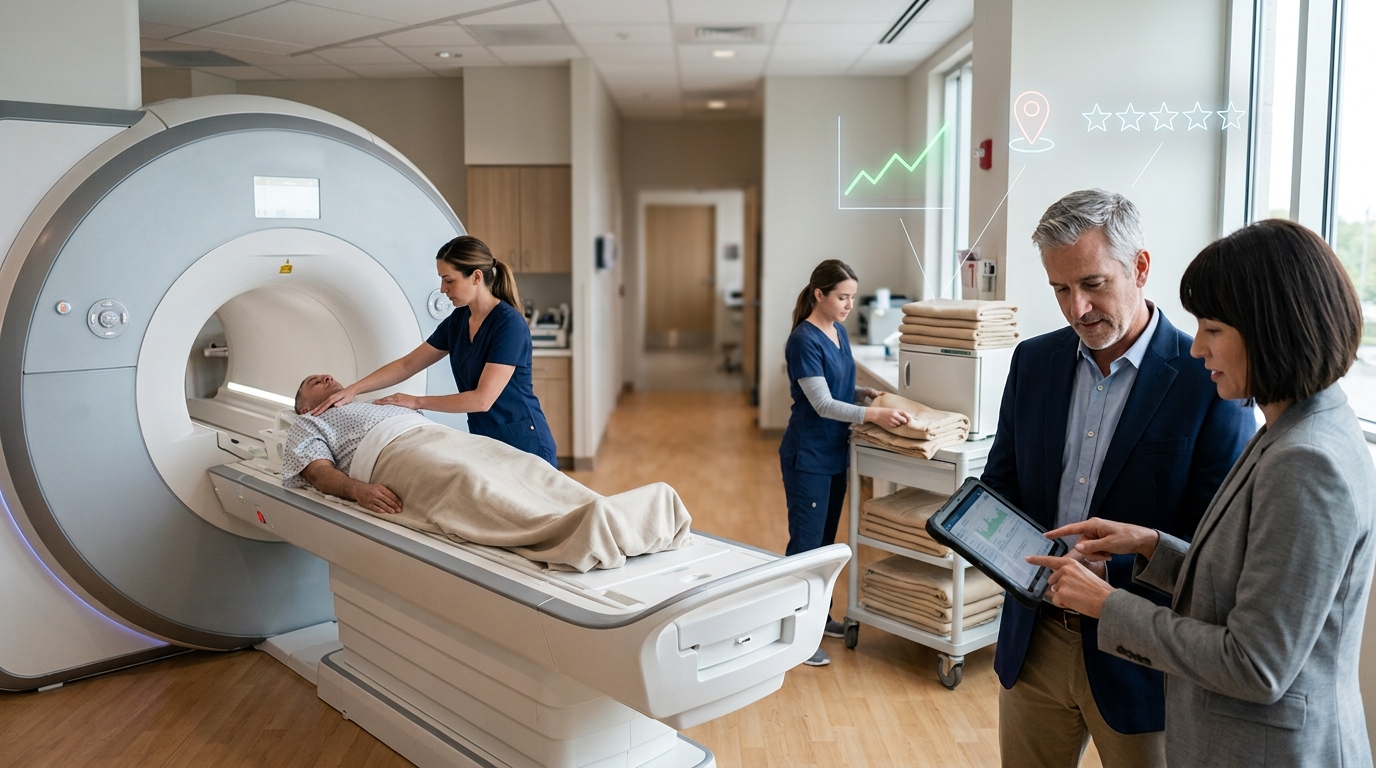Imaging center owner and a marketing consultant reviewing results on a tablet