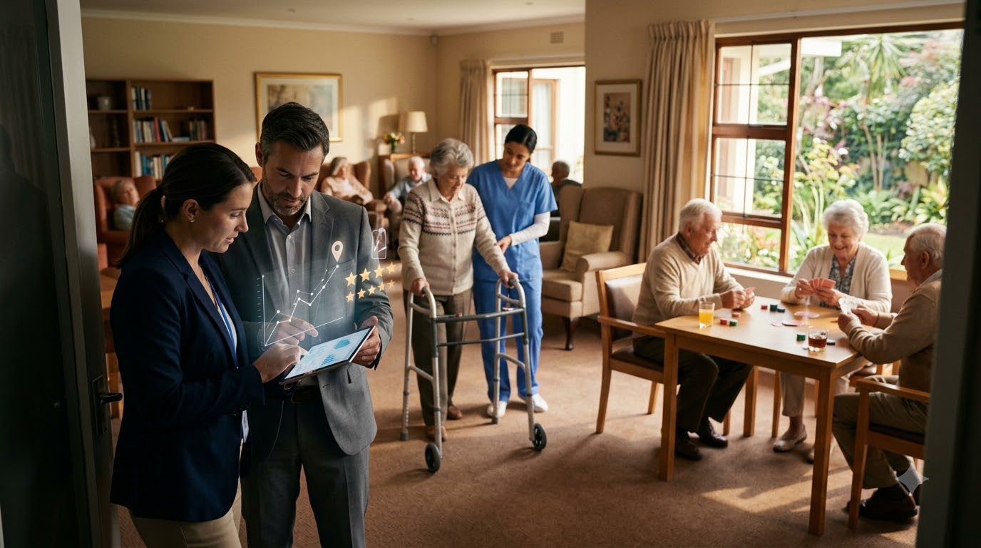 Nursing home owner and a marketing consultant reviewing results on a tablet