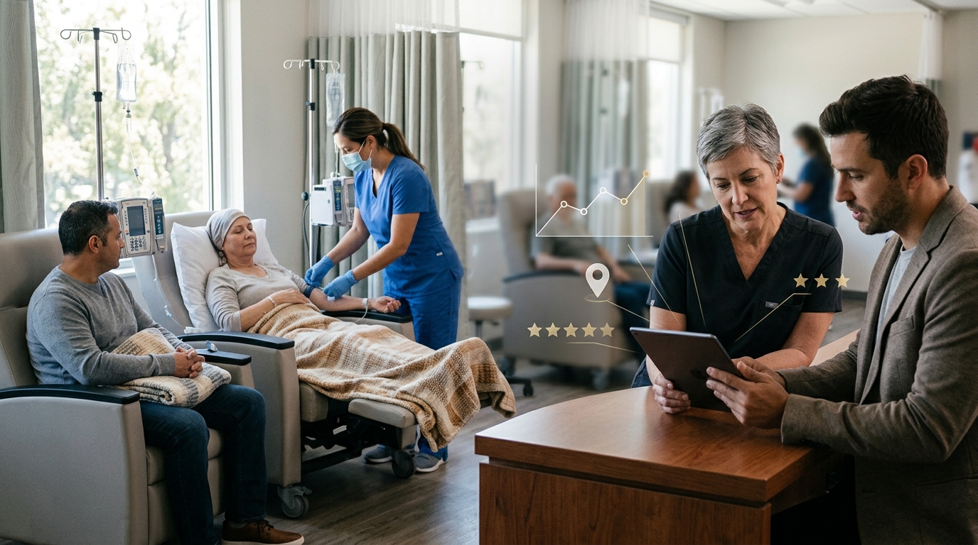 Oncology practice owner and a marketing consultant reviewing results on a tablet
