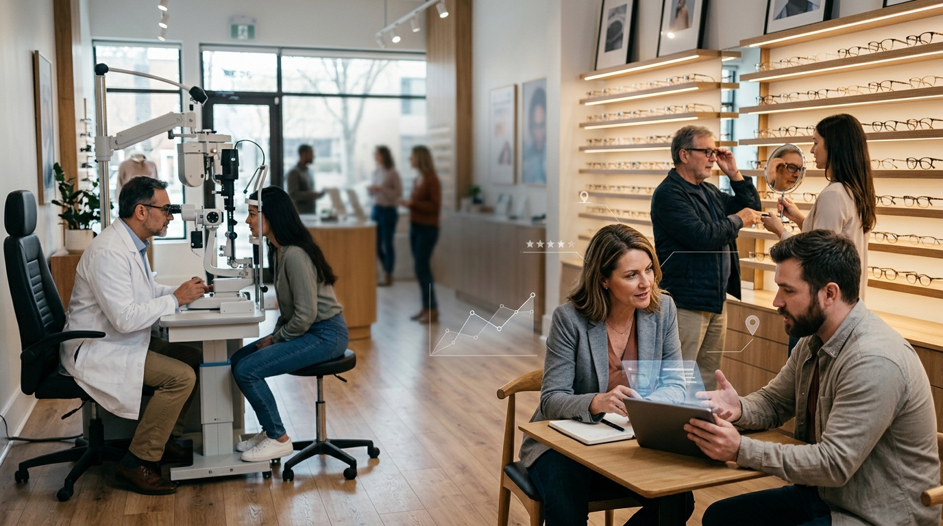 Optometry practice owner and a marketing consultant reviewing results on a tablet
