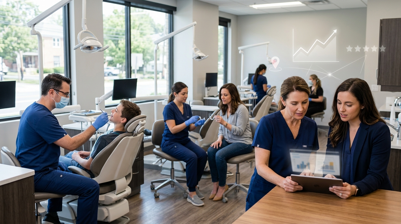 Orthodontic practice owner and a marketing consultant reviewing results on a tablet