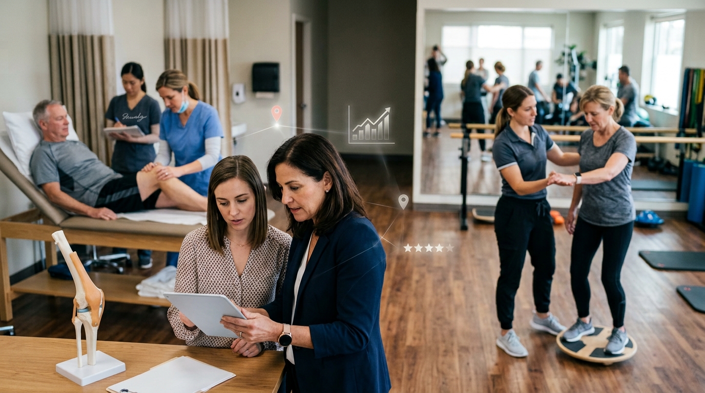 Orthopedic practice owner and a marketing consultant reviewing results on a tablet