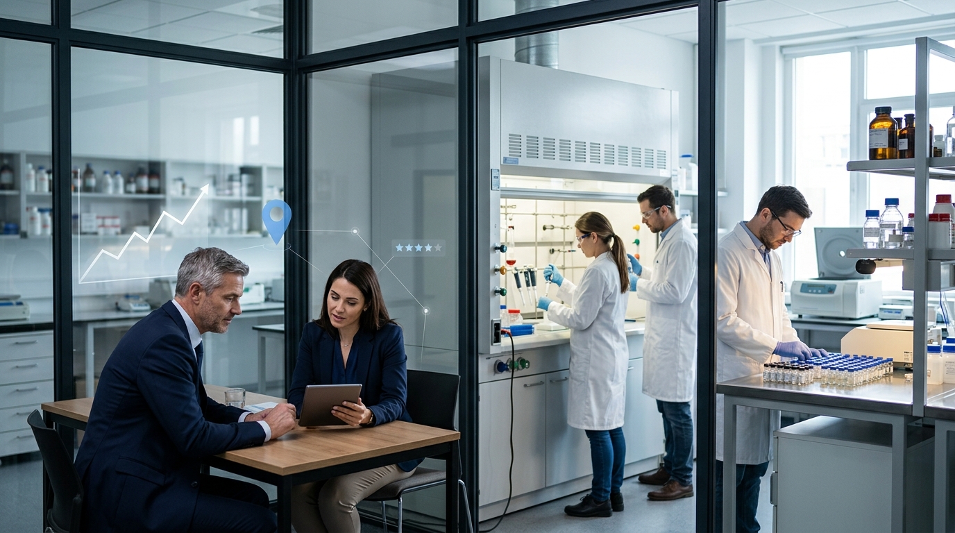 Pharmaceutical company owner and a marketing consultant reviewing results on a tablet