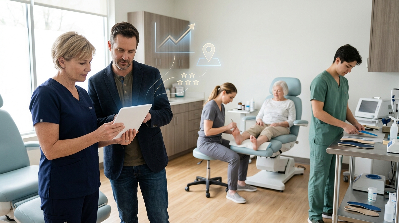 Podiatry practice owner and a marketing consultant reviewing results on a tablet