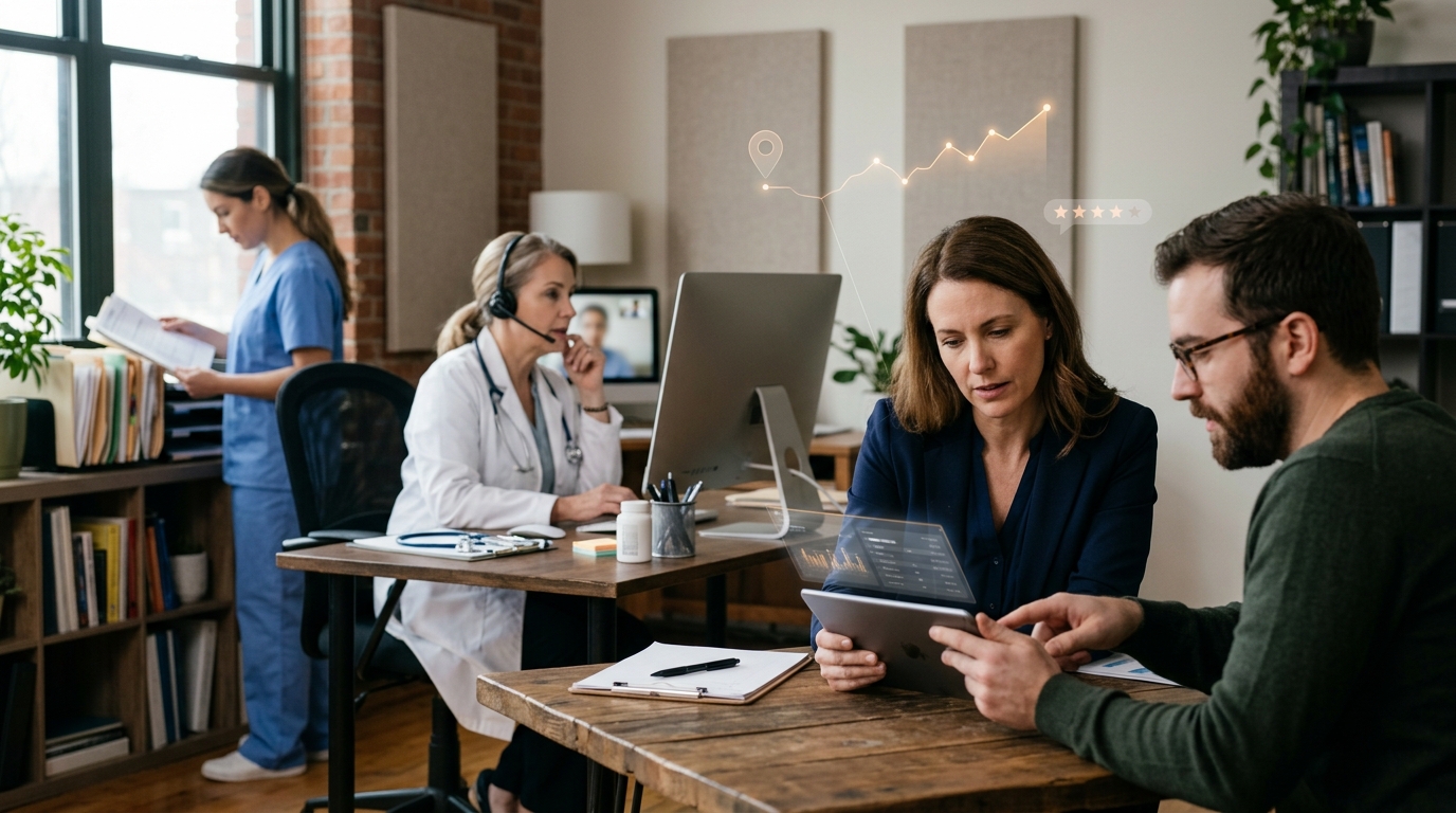 Telehealth practice owner and a marketing consultant reviewing results on a tablet