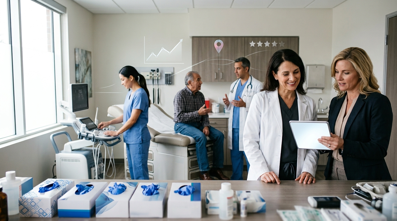 Urology practice owner and a marketing consultant reviewing results on a tablet