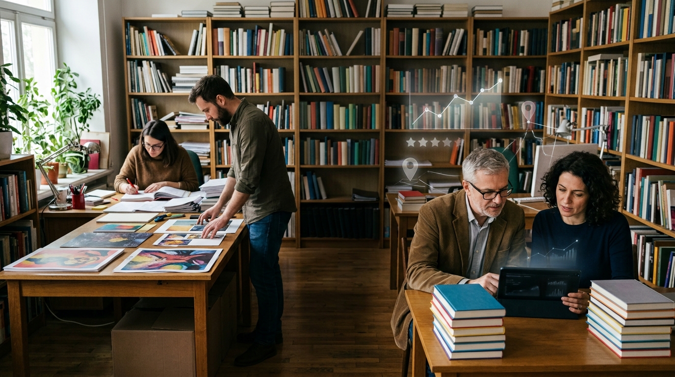 Editorial team planning content among shelves of books