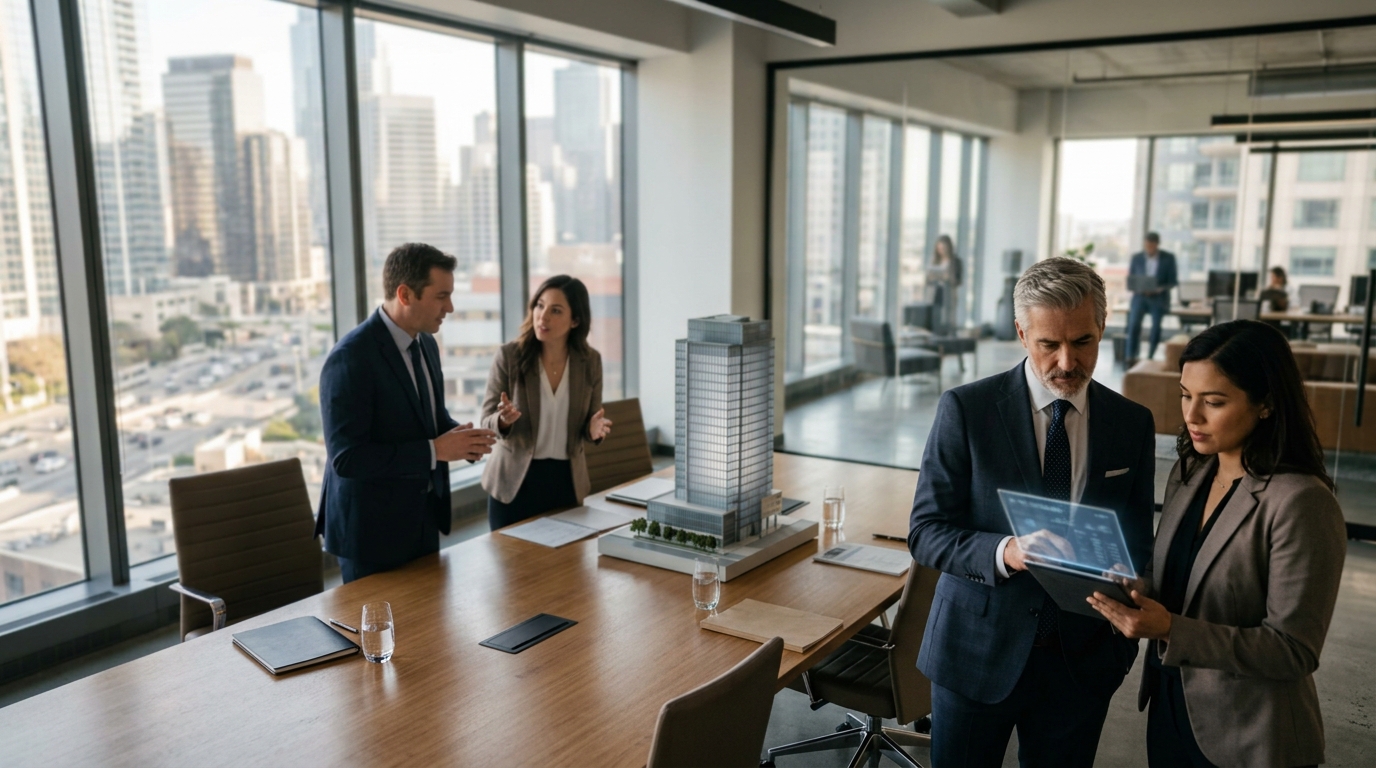Commercial real estate firm owner and a marketing consultant reviewing results on a tablet
