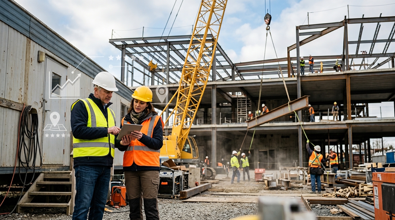 Construction company owner and a marketing consultant reviewing results on a tablet