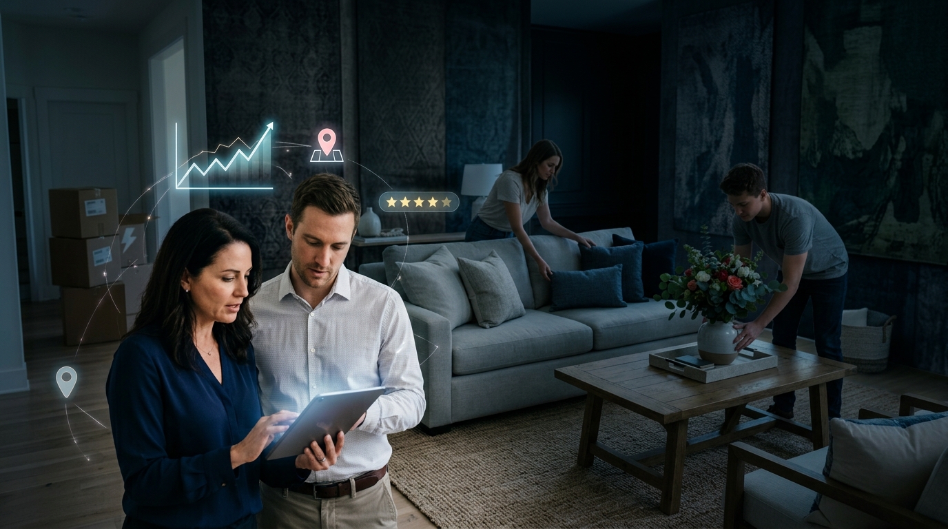 Home staging company owner and a marketing consultant reviewing results on a tablet