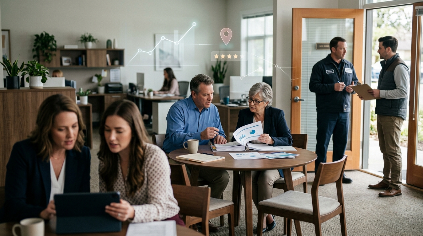 Property management firm owner and a marketing consultant reviewing results on a tablet