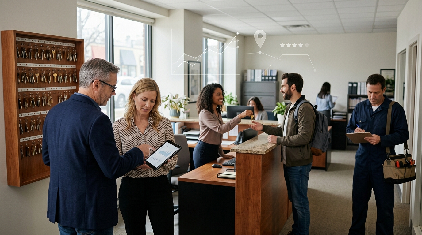 Property management company owner and a marketing consultant reviewing results on a tablet