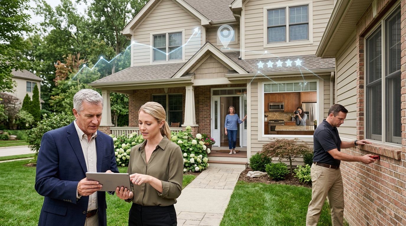 Appraisal firm owner and a marketing consultant reviewing results on a tablet