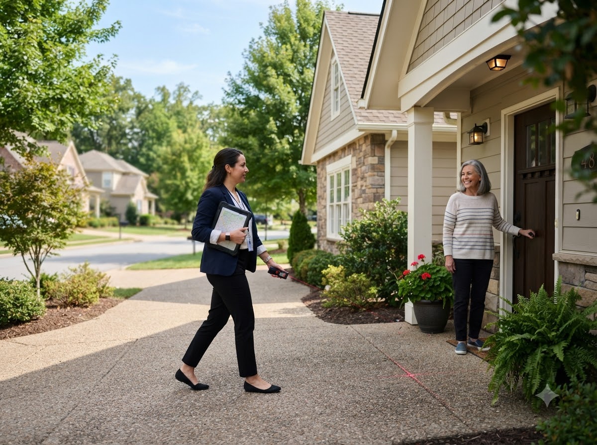 Appraiser arriving at a suburban home with a tablet