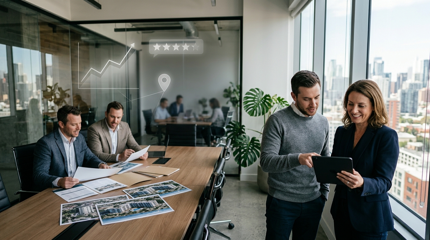 Real estate investment company owner and a marketing consultant reviewing results on a tablet