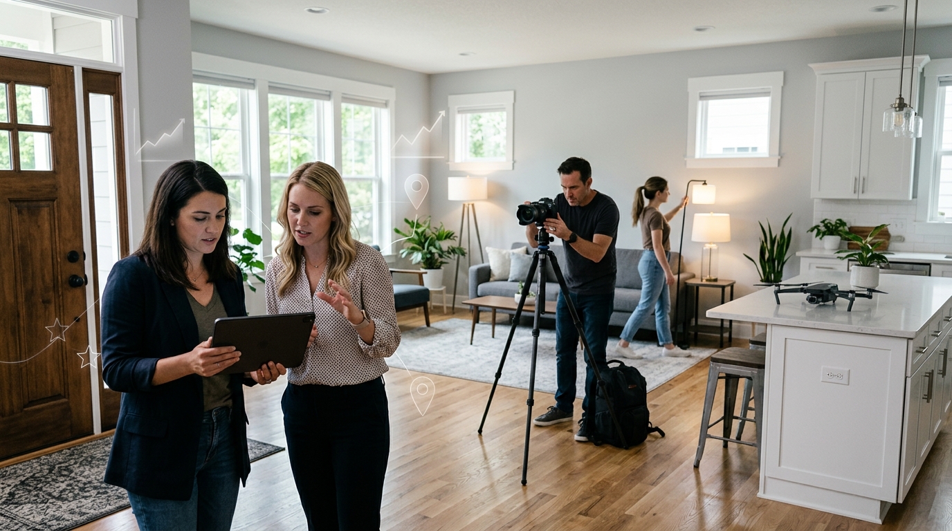 Real estate photography company owner and a marketing consultant reviewing results on a tablet