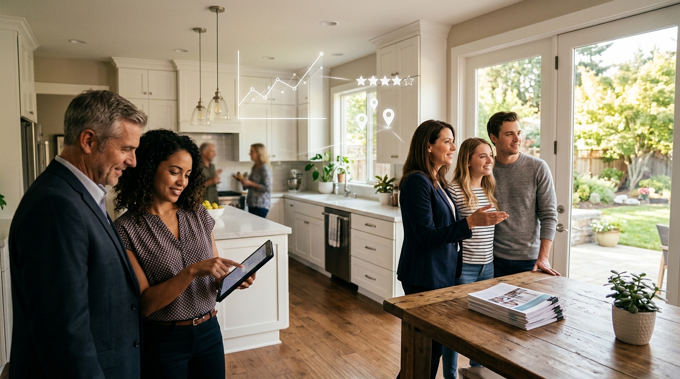 Real estate agent owner and a marketing consultant reviewing results on a tablet