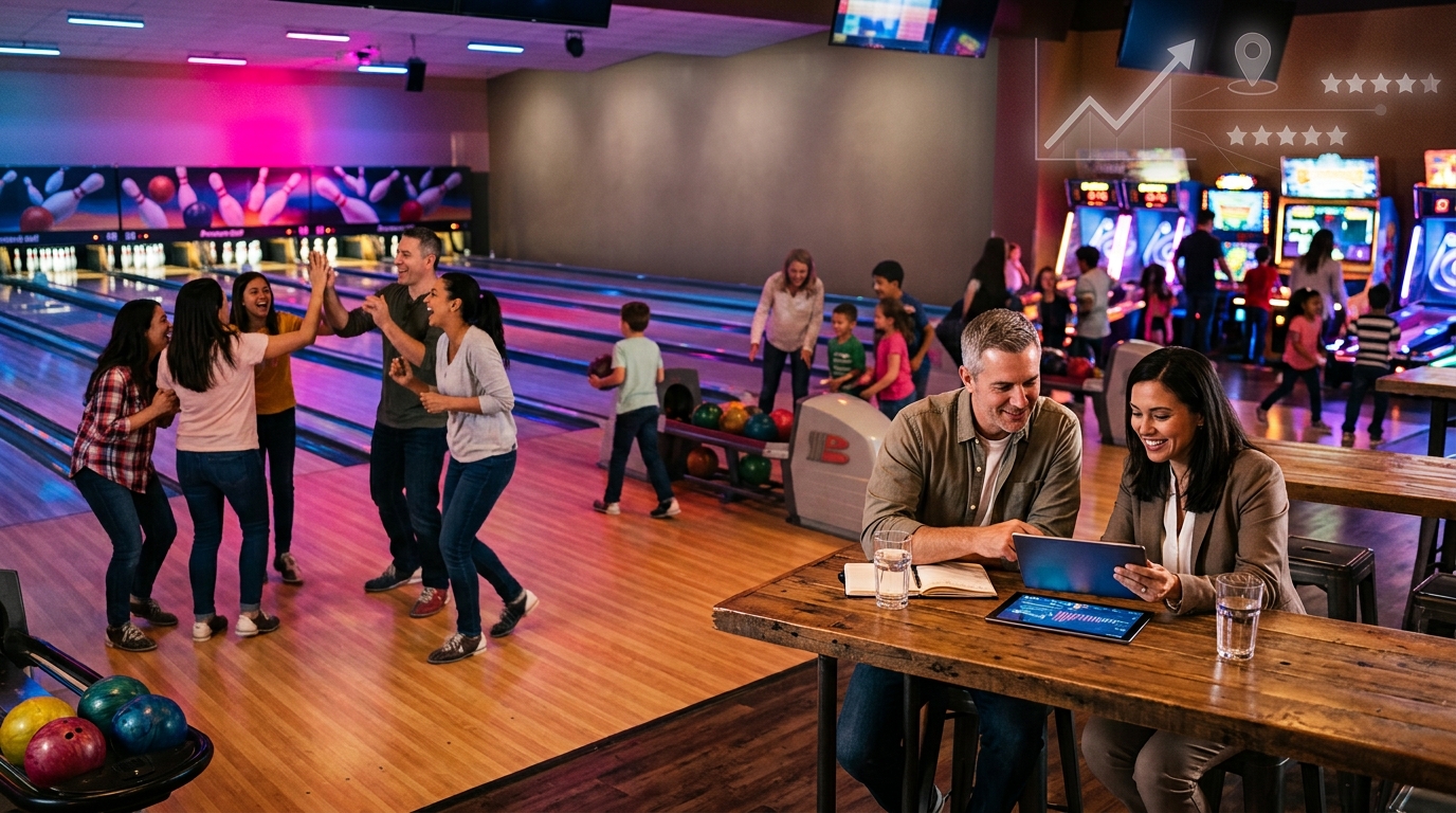 Venue owner and marketing consultant review a tablet in a busy bowling and arcade center