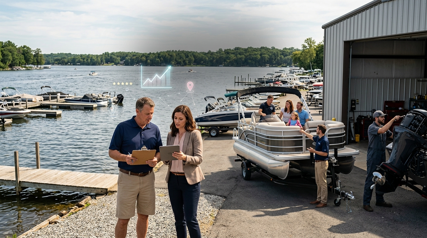 Boat dealership owner and a marketing consultant reviewing results on a tablet