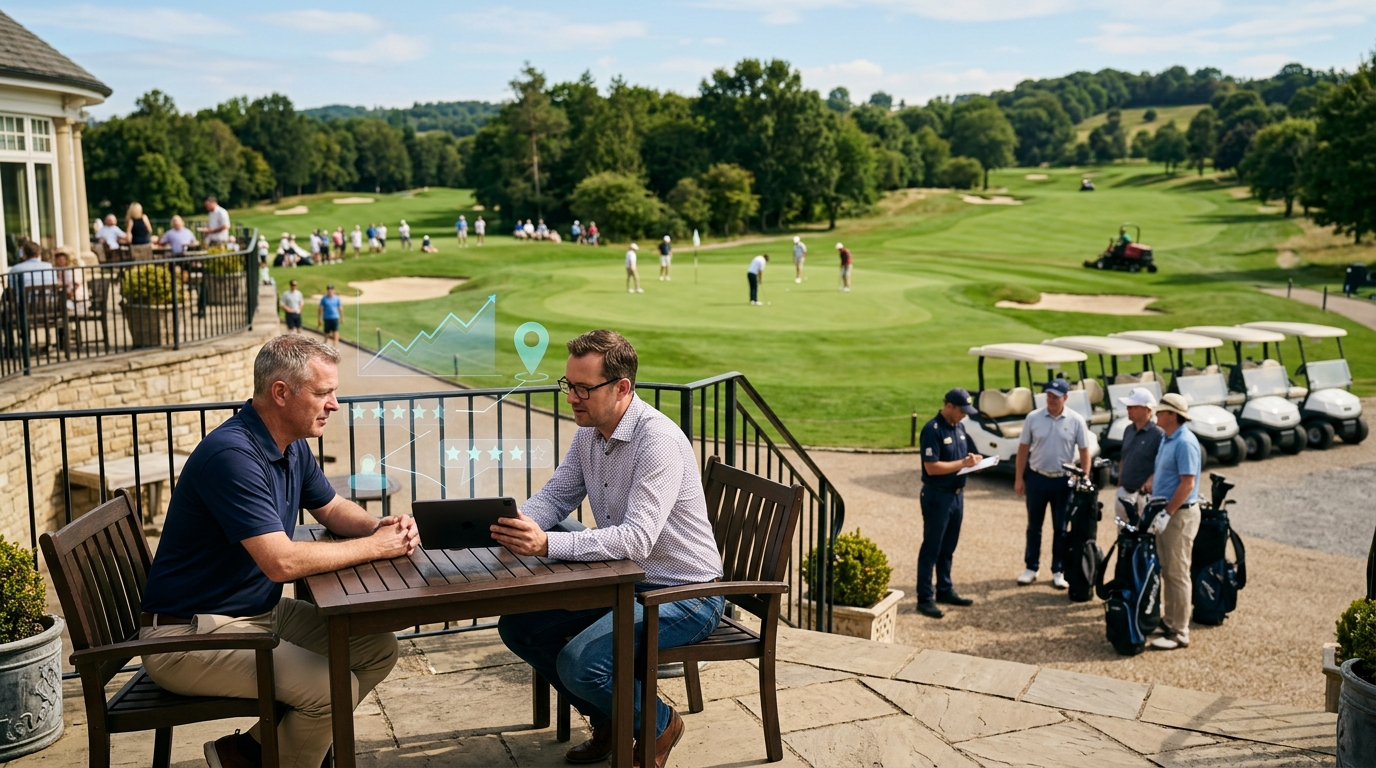 Golf course owner and a marketing consultant reviewing results on a tablet