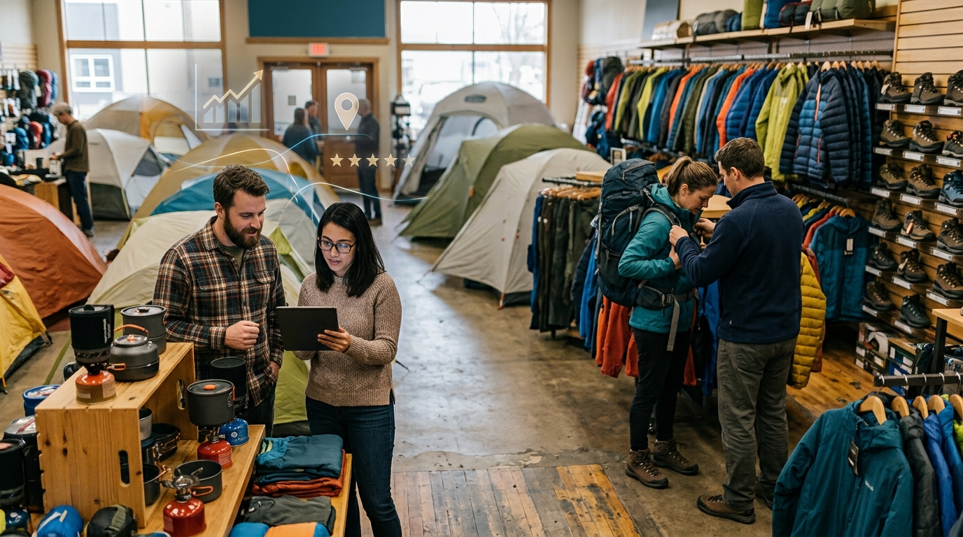 Outdoor gear company owner and a marketing consultant reviewing results on a tablet