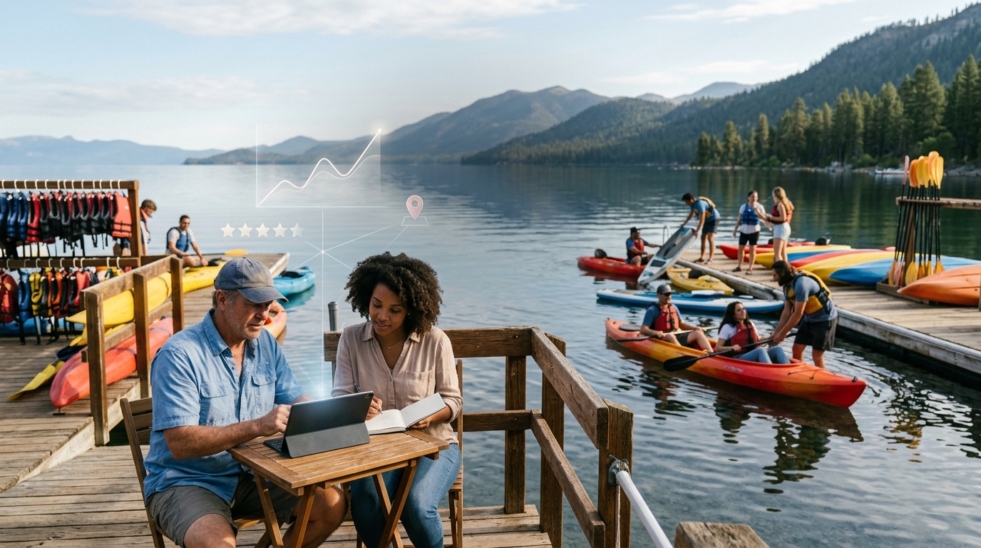 Outfitter owner and marketing consultant review a tablet on a lakeside kayak rental dock