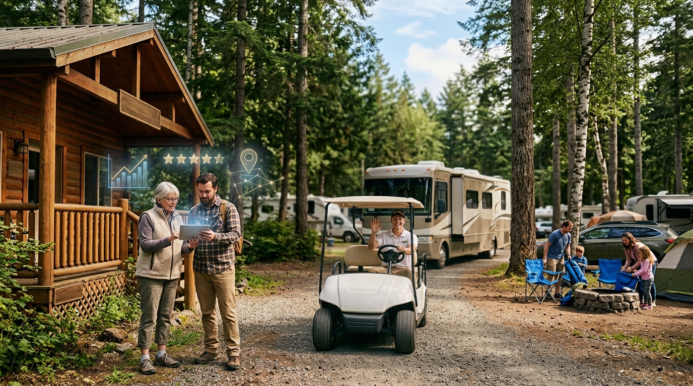 Campground owner and a marketing consultant reviewing results on a tablet