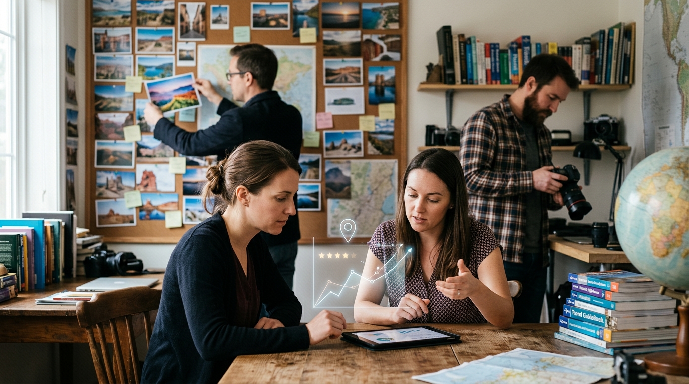 Travel website owner and a marketing consultant reviewing results on a tablet