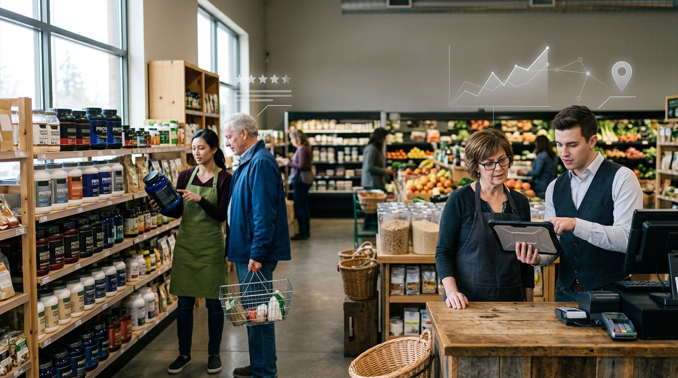 Wellness store owner and a marketing consultant reviewing results on a tablet