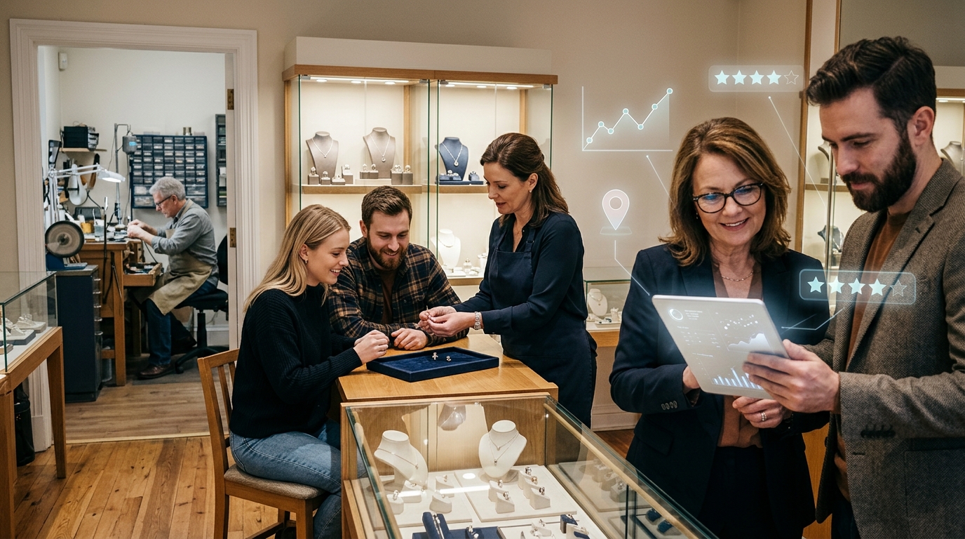 Jewelry store owner and a marketing consultant reviewing results on a tablet
