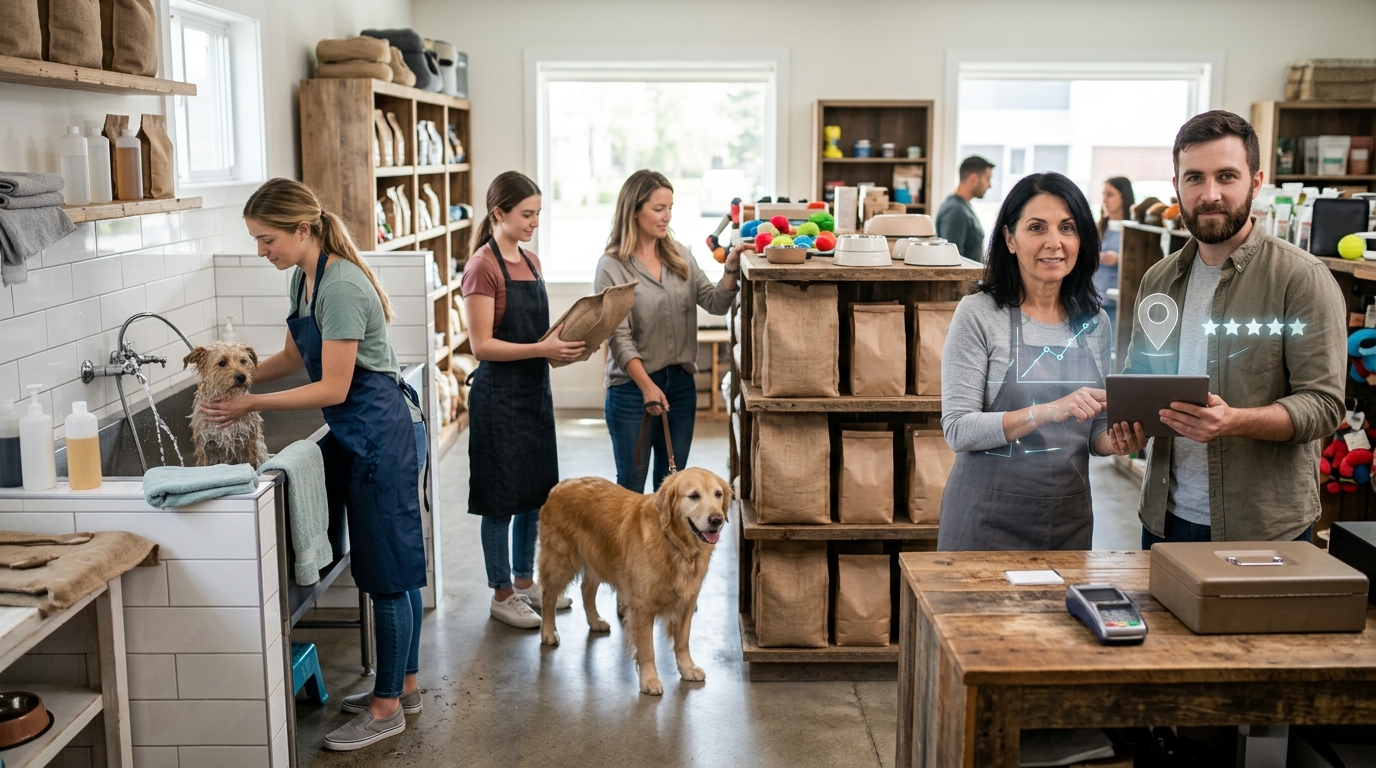 Pet supply store owner and a marketing consultant reviewing results on a tablet