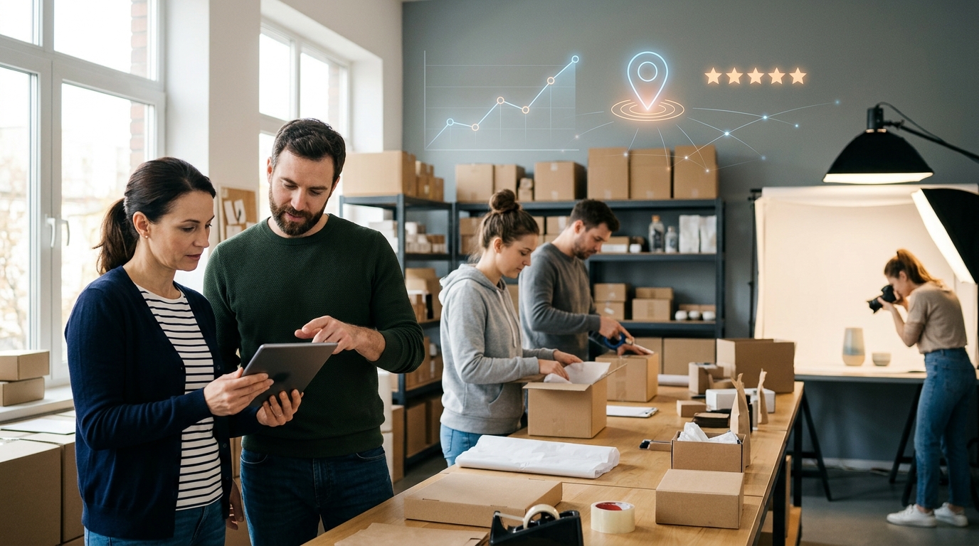 Online store owner and marketing consultant review a tablet as staff pack orders