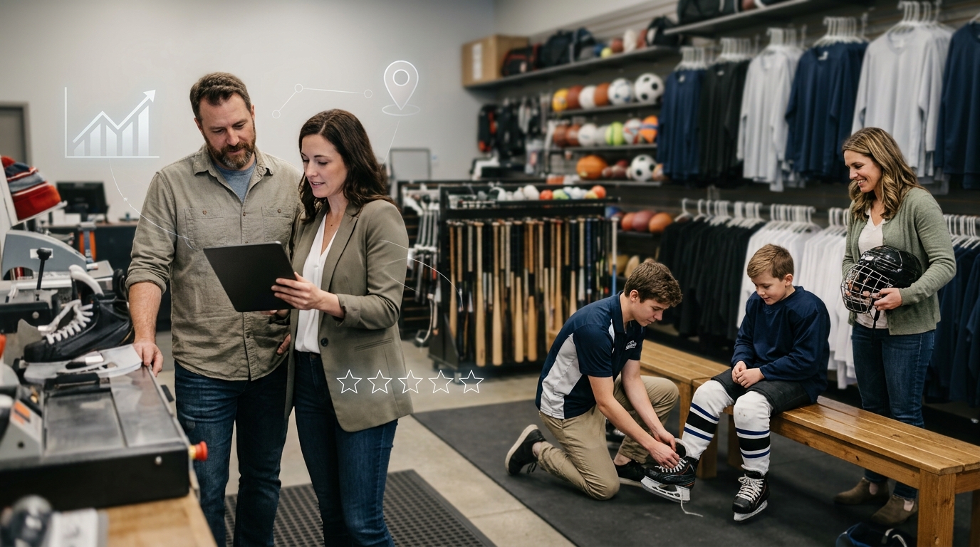 Sporting goods store owner and a marketing consultant reviewing results on a tablet