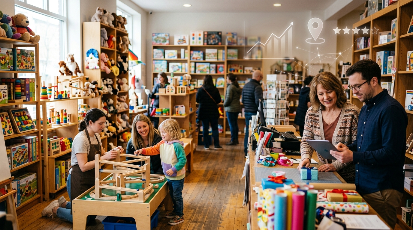 Toy store owner and a marketing consultant reviewing results on a tablet