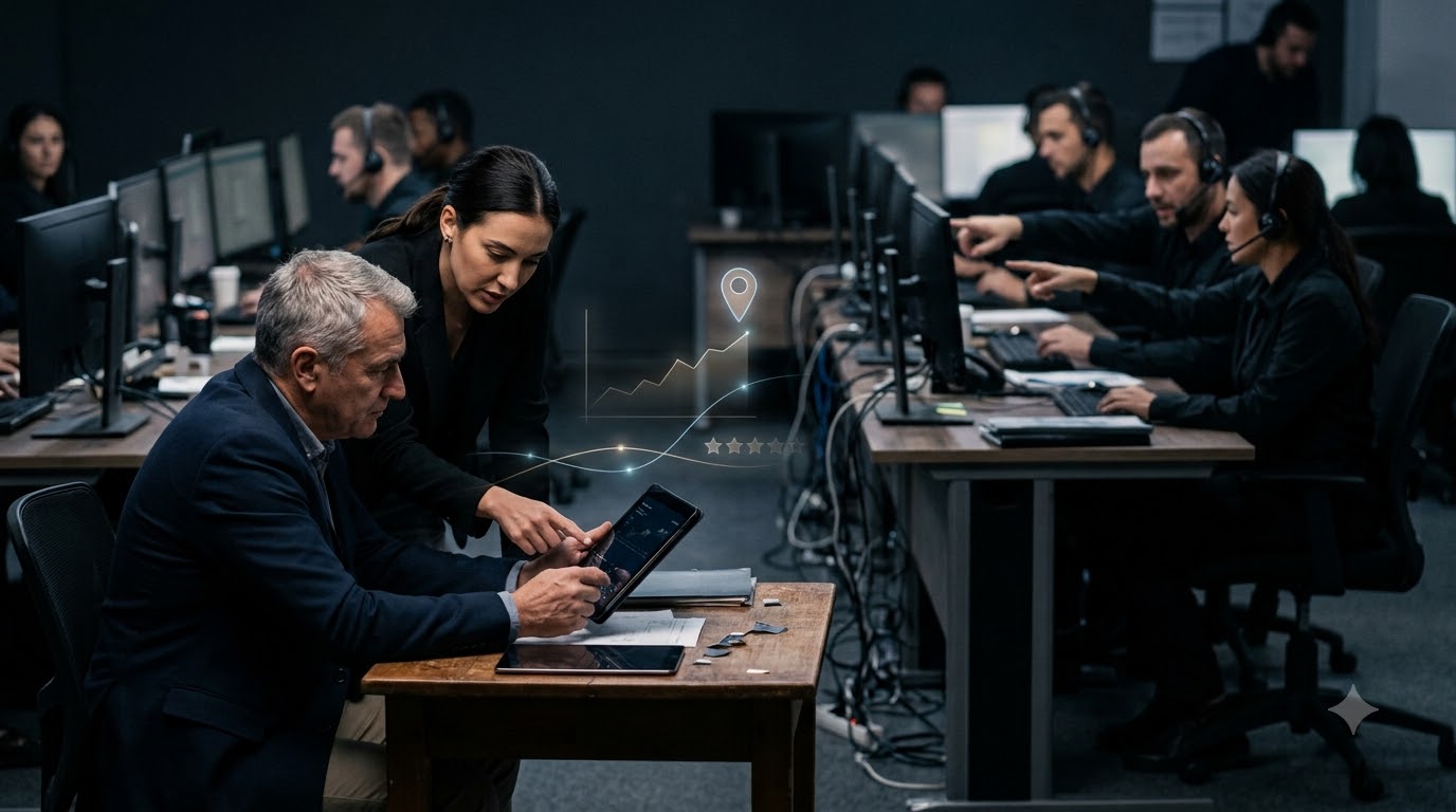 Cyber security firm owner and a marketing consultant reviewing results on a tablet