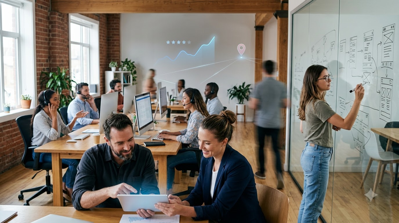 MarTech company owner and a marketing consultant reviewing results on a tablet