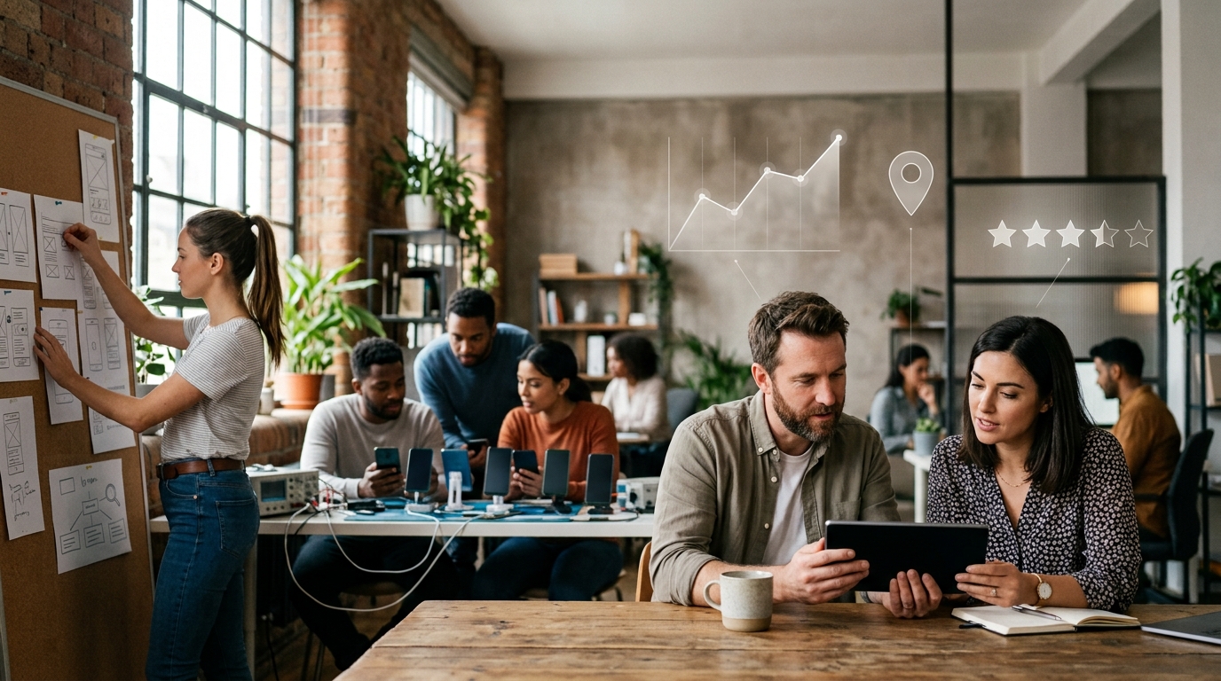 App studio owner and a marketing consultant reviewing results on a tablet