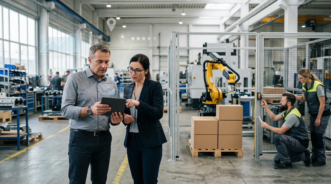 Robotics company owner and a marketing consultant reviewing results on a tablet
