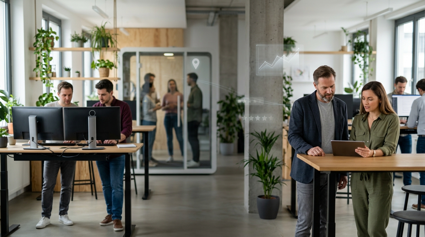 Tech founder and marketing consultant review a tablet as developers collaborate in a modern office