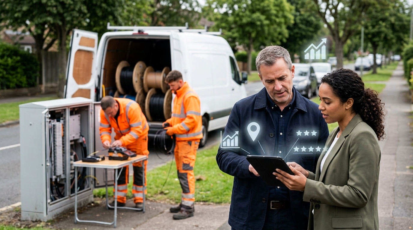 Telecom provider owner and a marketing consultant reviewing results on a tablet