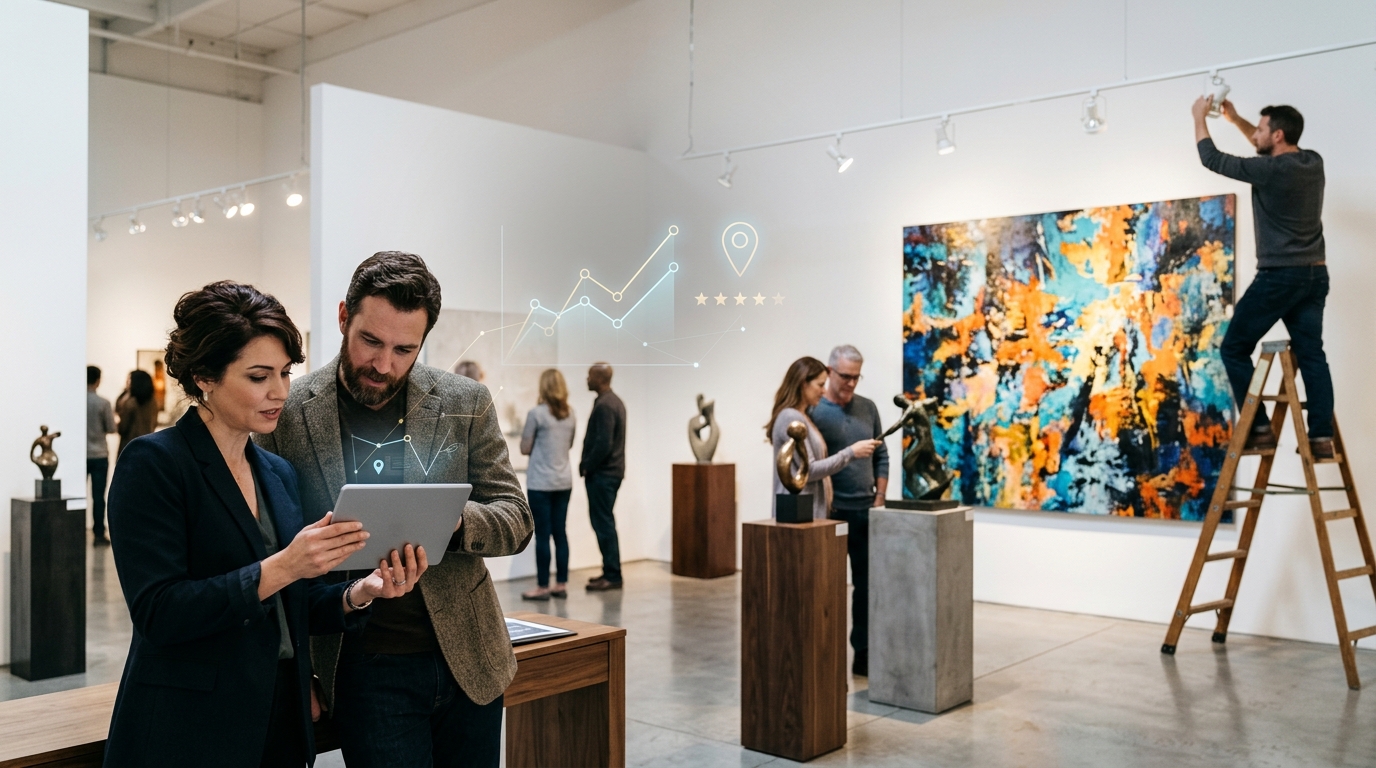 Gallery owner and a marketing consultant reviewing results on a tablet