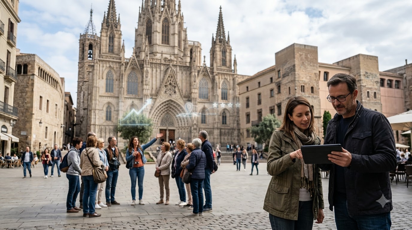 Tour operator owner and a marketing consultant reviewing results on a tablet