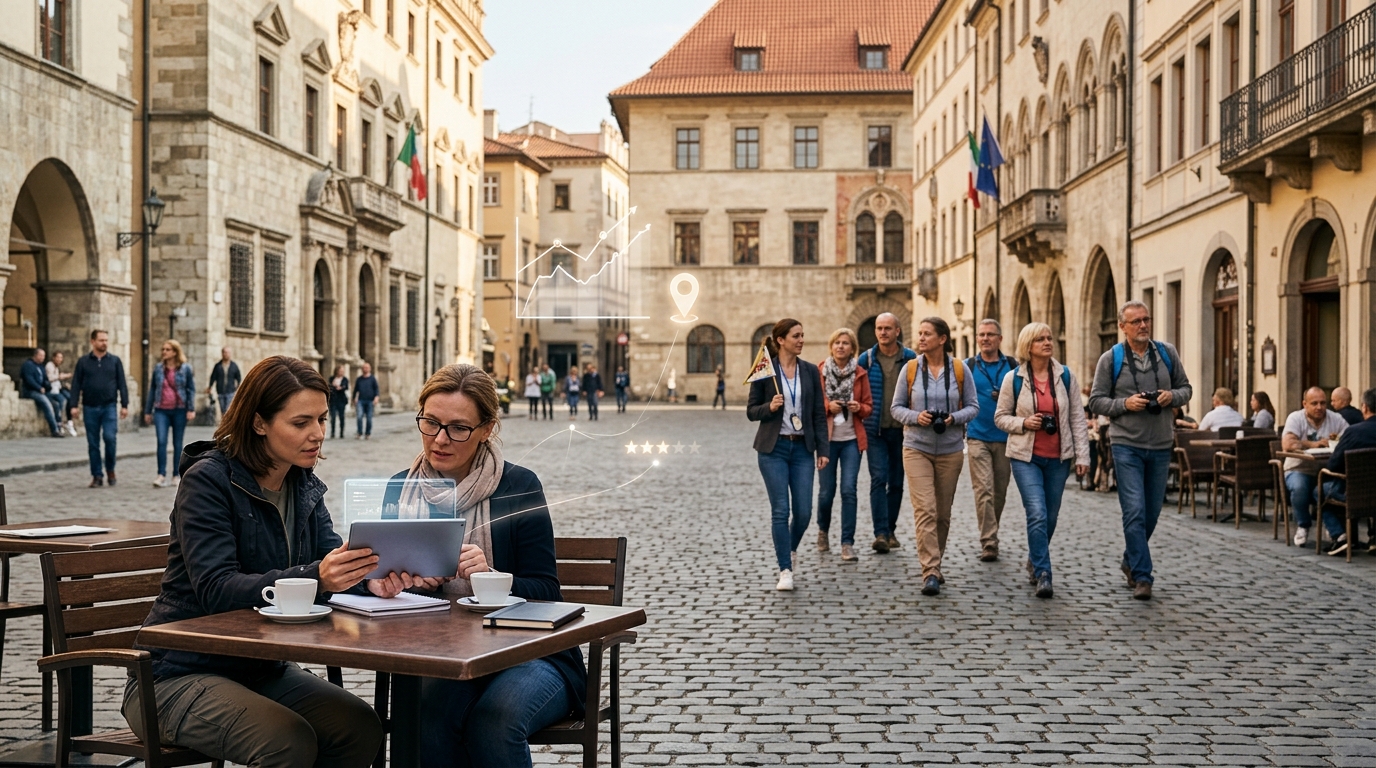 Tour operator and marketing consultant review a tablet as a guide leads a walking tour