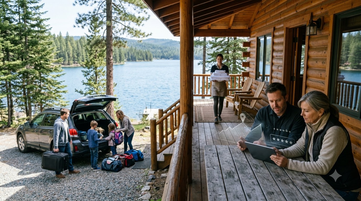 Vacation rental company owner and a marketing consultant reviewing results on a tablet