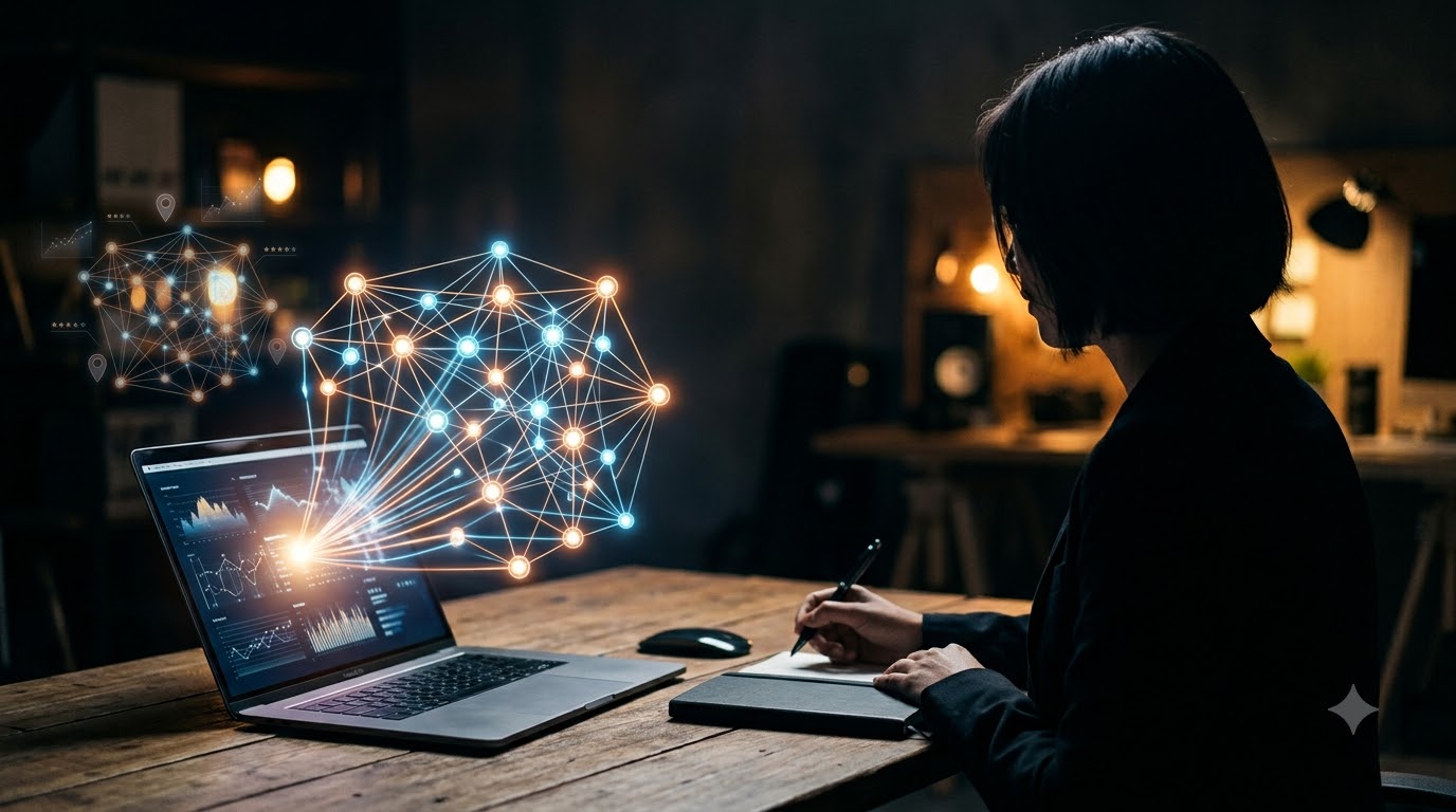 Glowing language model network above a laptop in a dark studio