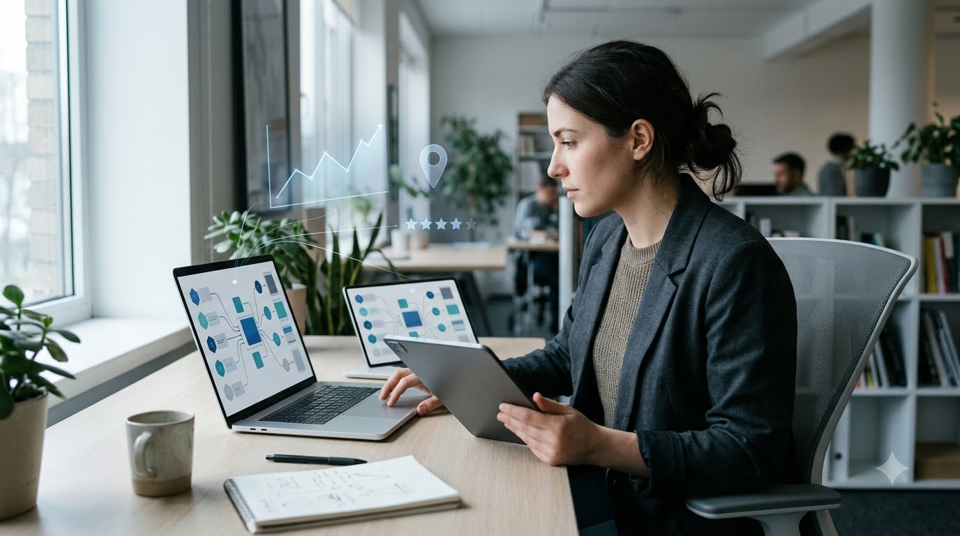 Researcher comparing cited sources on a tablet and laptop