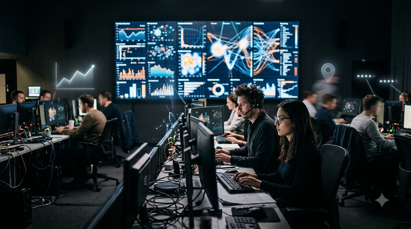 Programmatic media buyers watching real-time ad auctions on large screens